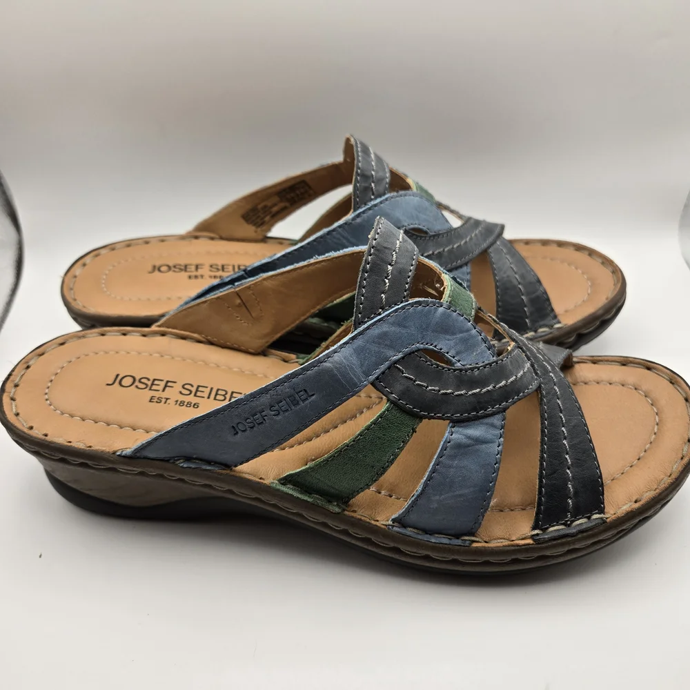 Josef Seibel Women's Blue and Green Slip On Leather Mule Sandals - Picture 3 of 9